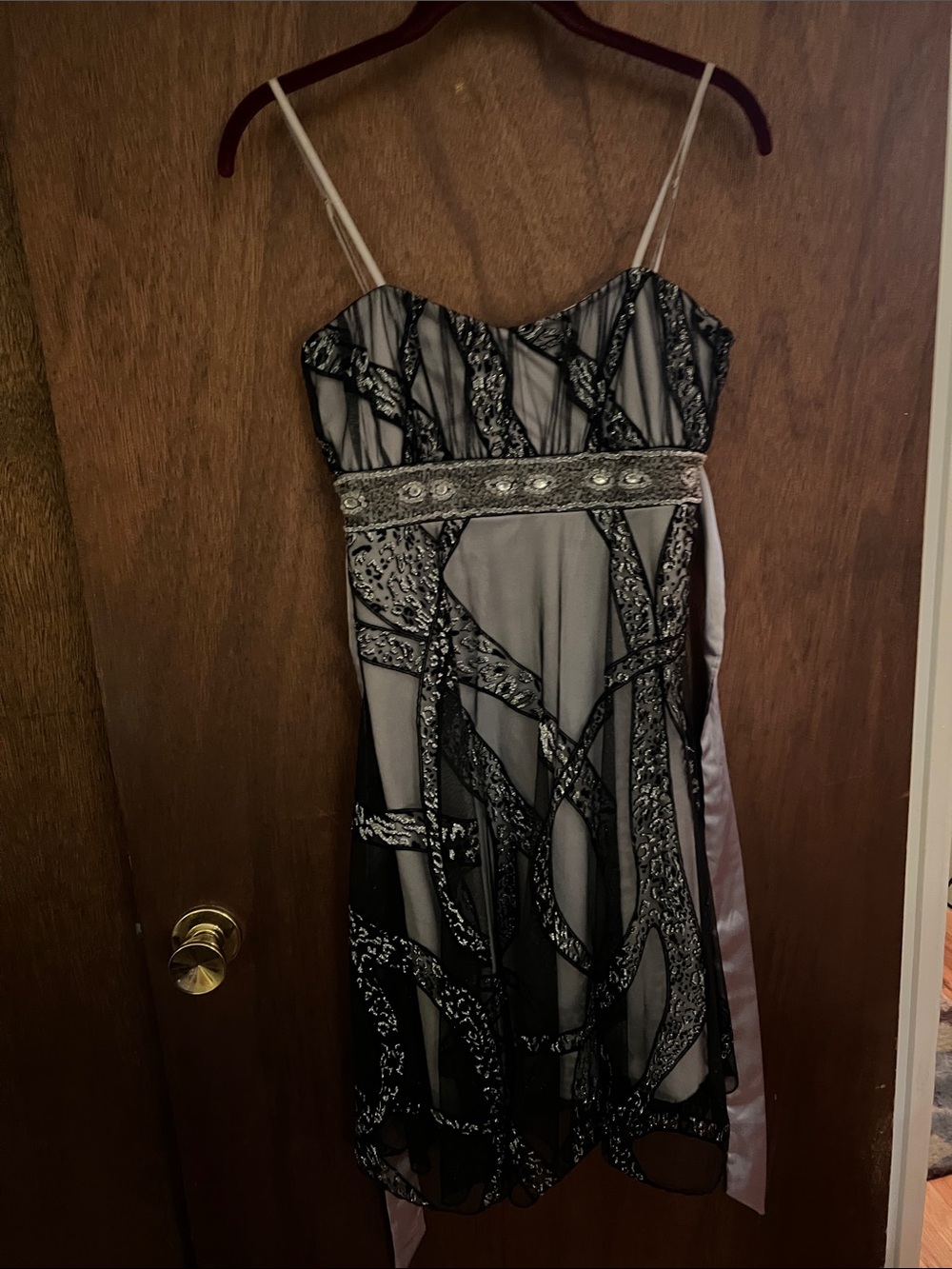 Elegant Black and Silver Beaded Spaghetti Strap Dress by Carolina